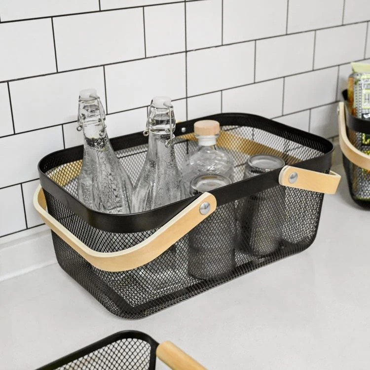 Natural Wooden Handle Wire Mesh Basket